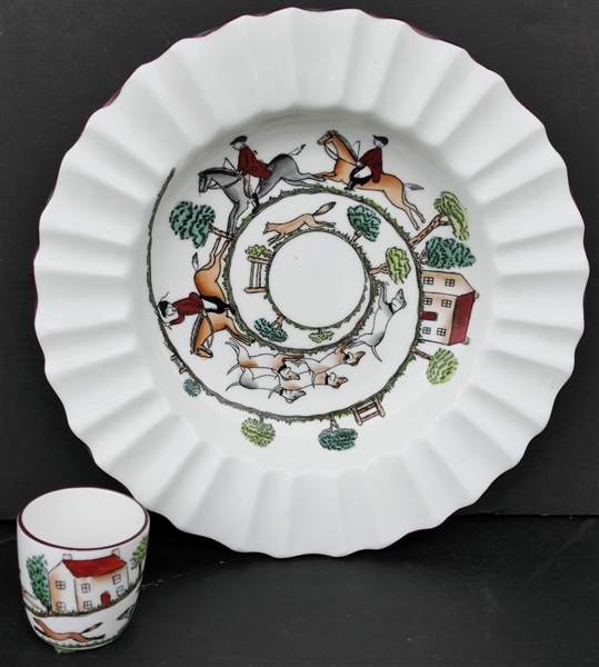 Crown Bone China "Hunting Scene" Ribbed Soup Bowl and Shot Glass - Bowl Measures 8 5/8" Across