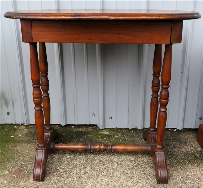 Pine Oval Occasional Table with Drawer - Stretcher Base - Turned Legs - Dovetailed Drawer -  Measures 27" tall 30" by 20" 