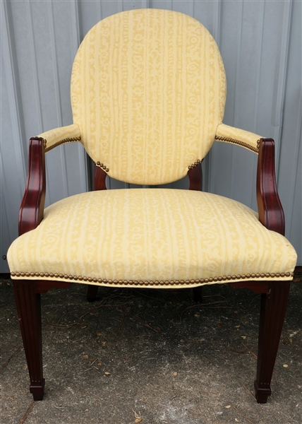 Beautifully Upholstered Mahogany "Louise Arm Chair" - Fine Butter Yellow Upholstery - Nailhead Trim - Reeded Legs - From Four Seasons Interiors 