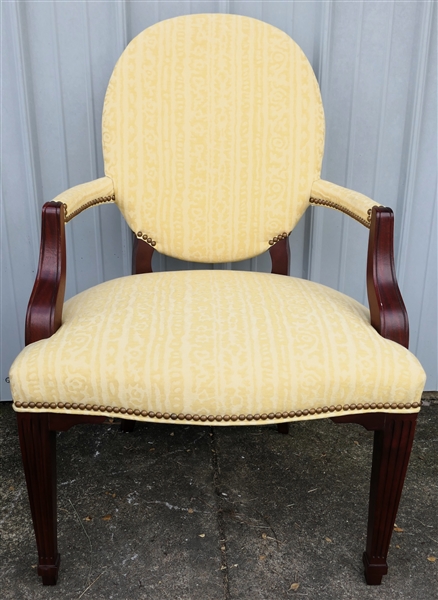 Beautifully Upholstered Mahogany "Louise Arm Chair" - Fine Butter Yellow Upholstery - Nailhead Trim - Reeded Legs - From Four Seasons Interiors 