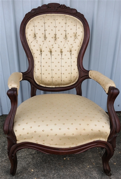 Walnut Victorian Fruit Carved Parlor Arm Chair - Clean Button Tufted Upholstery 