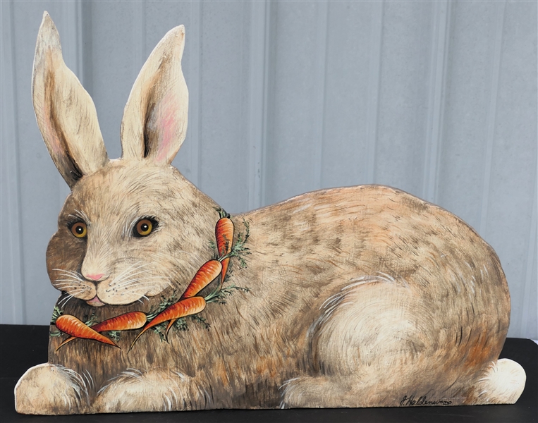 J. Haldenwang Hand Painted Rabbit Standing Cutout - Hand painted Rabbit with Carrot Necklace - Rabbit Measures 16" tall 22" Long