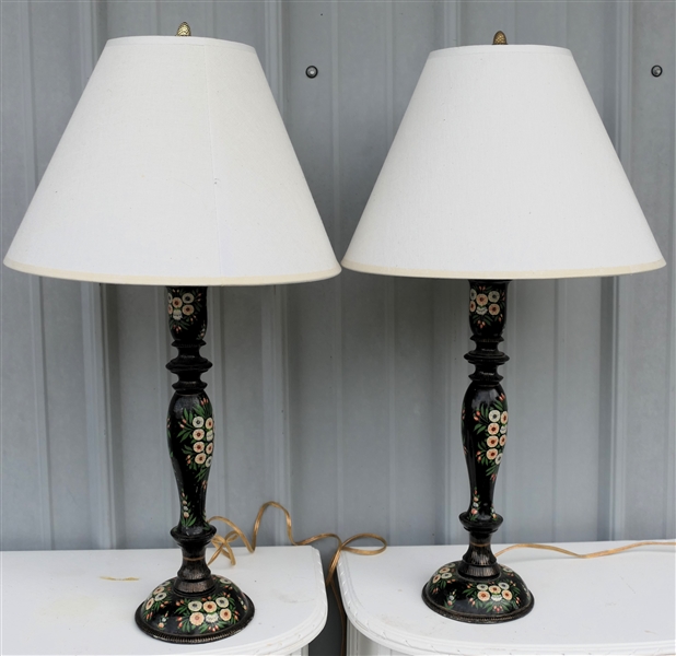 Pair of Hand Painted Black Floral Table Lamps - White Shades with Acorn Finials - Each Lamp Measures - 18" To Bulb