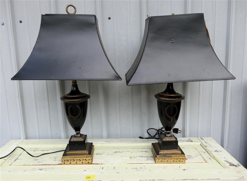 Pair of Black Metal Table Lamps with Gold Laurel Wreathes - Pierced Gold Tone Bases - Brass Fittings -Each Lamp Has 2  Lights - Lamps Measures 20" To Bulbs 