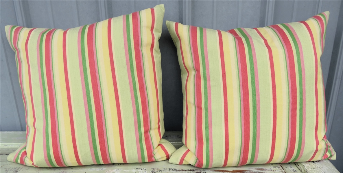 Pair of Happy Yellow, Pink, and Green Striped Down Filled Pillows - Each Measures 18" by 18" 