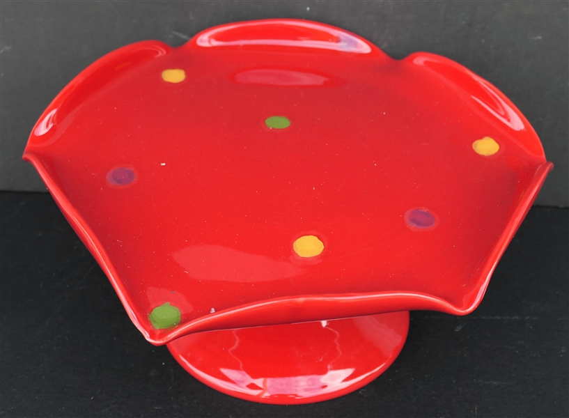 Vietri Red Polka Dot Cake Stand - Folded Edges - Red Background with Yellow, Purple, and Green Dots - Measures 6 1/2" Tall 11" Across