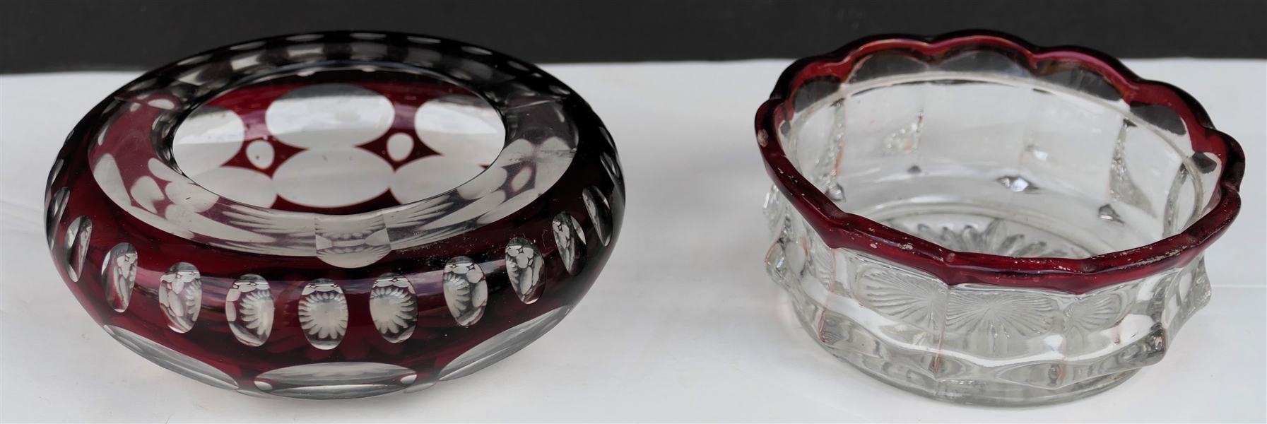 Ruby Red Cut To Clear Bohemian Glass Ashtray and Small Bowl with Ruby Red Trim- Ashtray Measures 4 1/2" Across