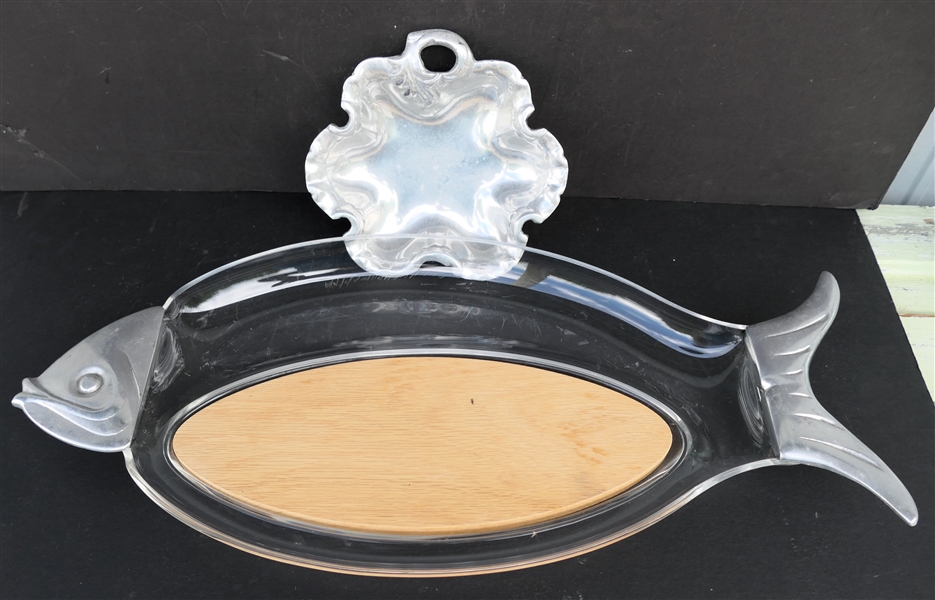 Pewter and Lucite Fish Platter with Wood Insert and "Tam San" BMT -39 - Pewter Bowl - Made in Mexico - Platter Measures 20" by 10"