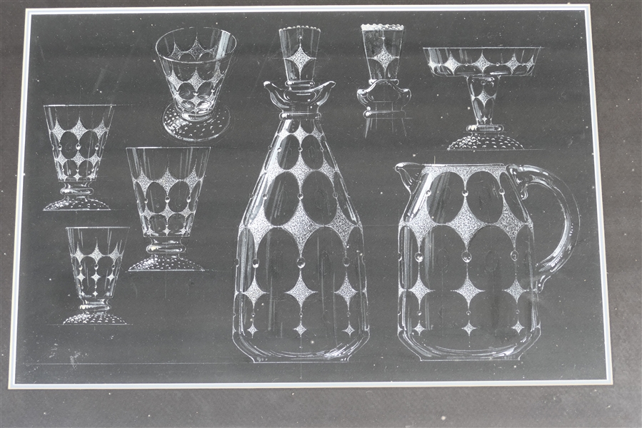 Black and White Painting of  Crystal Glassware - White Paint in  Black Background - Nicely Framed and Matted - Frame Measures 21" by 27" 