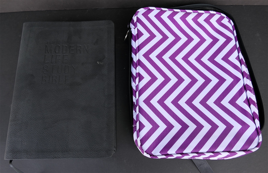 New "The Modern Life Study Bible" Pebbled Leather Cover - New King James Version - In Purple / White Striped Case