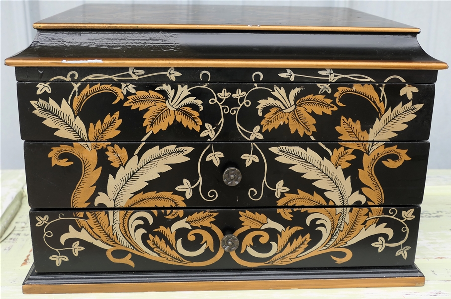 Beautiful Black and Gold Decorator Silver Chest - Lift Top Over 2 Drawers - Tarnish Resistant Velvet Lined Interior - Small Area of Paint Loss At Top Trim - Box Measures 10" tall 14 1/2" by 11" 