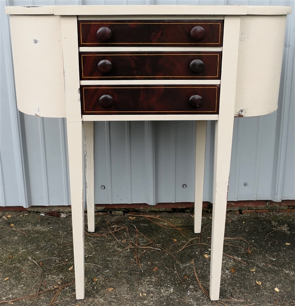 Martha Washington Sewing Table with Flame Mahogany Drawers with String Inlay - Lift Top Ends - White Painted - Measures 29 1/2" tall 27" by 14 1/2" 