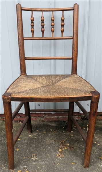 Cute Pine Chair with Turned Back - Unusual Top Posts - Rush Bottom- Some Damage to Front Leg