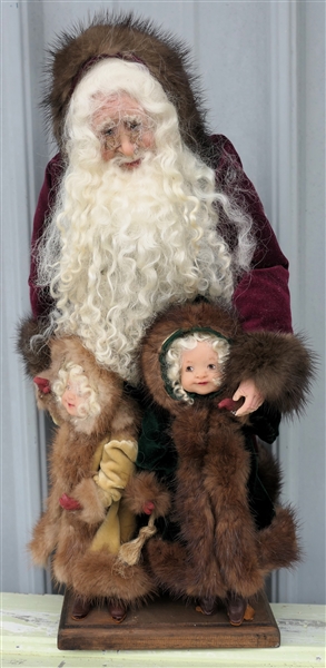 Rose Dolhanyk Hand Made Santa and Children Figure Hand Made with Fur Trim - Measures 18" Tall Needs to Be Attached to Wood Base