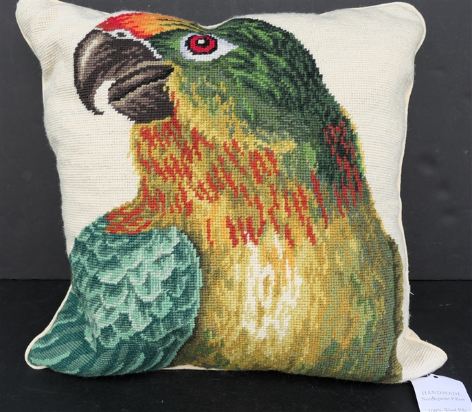 Beautiful Handmade Wool Needlepoint Throw Pillow -Male  Green Parrot - New with Tags  -Down Insert - Measures 18" by 18" 