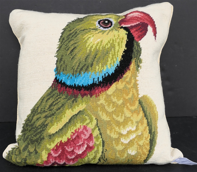 Beautiful Handmade Wool Needlepoint Throw Pillow -Female  Green Parrot - New with Tags - Down Insert  -Measures 18" by 18" 