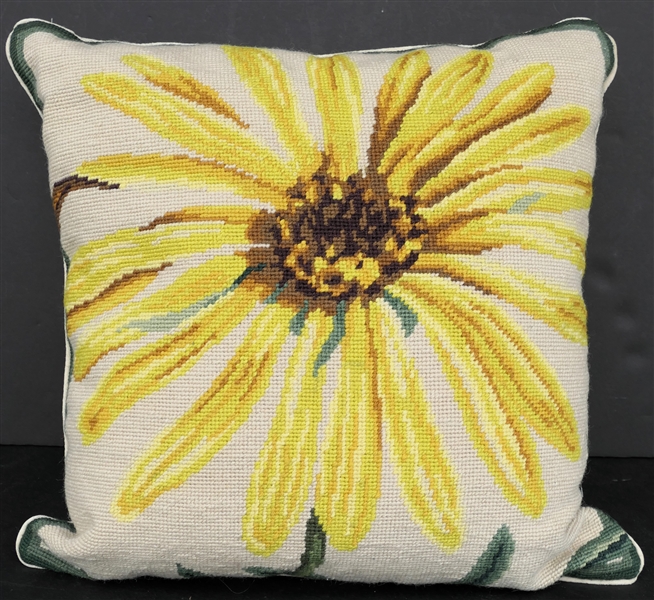 Handmade Wool Needlepoint Pillow - Yellow Daisy - Pillow Measures 18" by 18" 