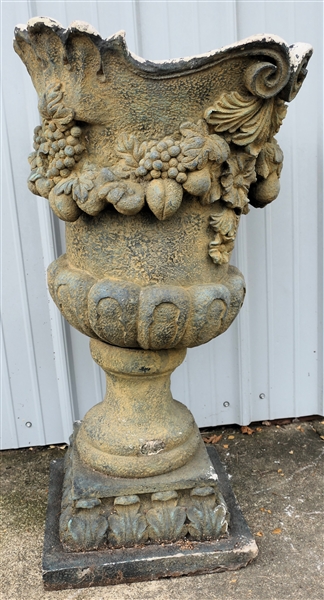 Resin Urn Planter with Fruit and Floral Wreath -Measures 37" Tall  Planter is Slightly Bent 