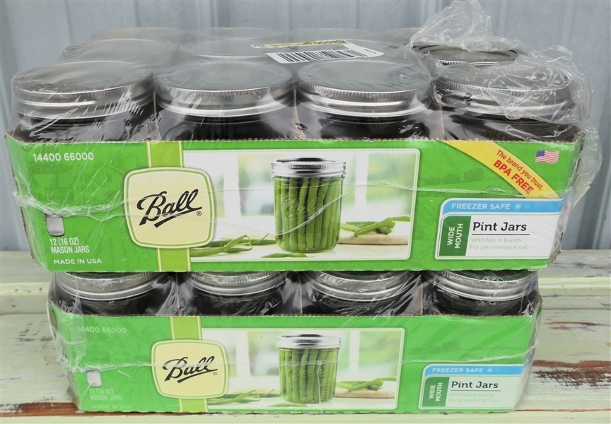 2 Brand New Boxes of 12 - Wide Mouth Pint Jars - Freezer Safe