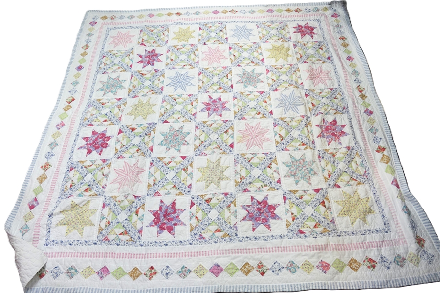 Arch Quilts Elmsford NY -Pretty Star Pattern Quilt - White Background with Pastel Colored Stars and Diamonds  - Measures 81" by 78"