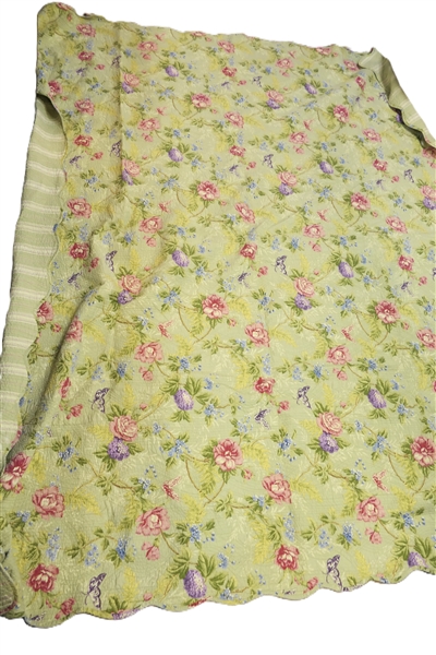 Mary Janes Farm Reversible Green Background Quilted Spread with Florals and Butterflies on One Size Stripes on Reverse- KING Size 