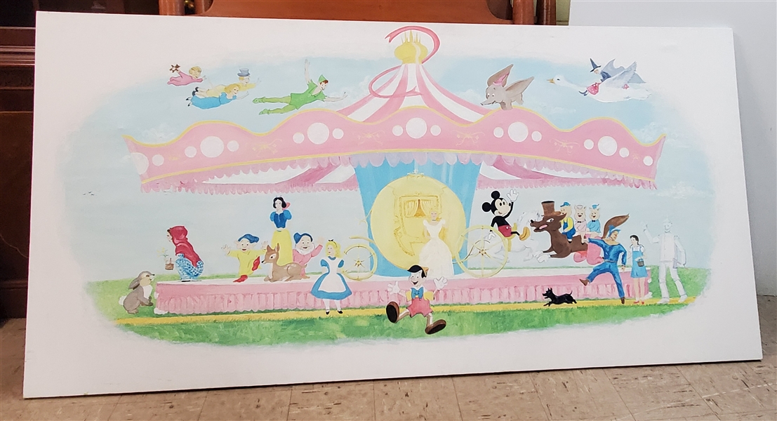 Original Walt Disney Carousel Painting on Canvas by DAN - Artist Signed - Painting Features Disney Characters - Mickey Mouse, Cinderella, Dumbo, Snow White, Dorothy, 3 Little Pigs, Etc. - Canvas