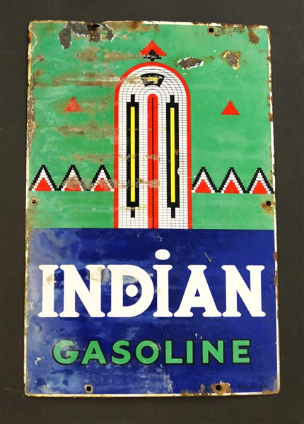 Indian Gasoline Porcelain Enamel Sign - Great Colors - Has Not Been Cleaned  - Some Minor Chipping - Sign Measures 18" by 12"