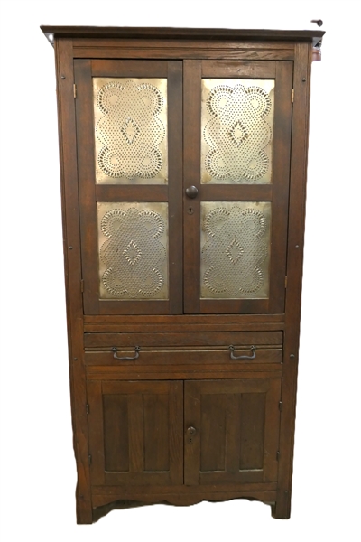 4 Tin Pie Safe - 4 Punched Tins Over Single Drawer - Over 2 Paneled Blind Doors - Paneled Sides - Fixed Shelves Inside - Overall  Measures 67" tall 34" by 17" 