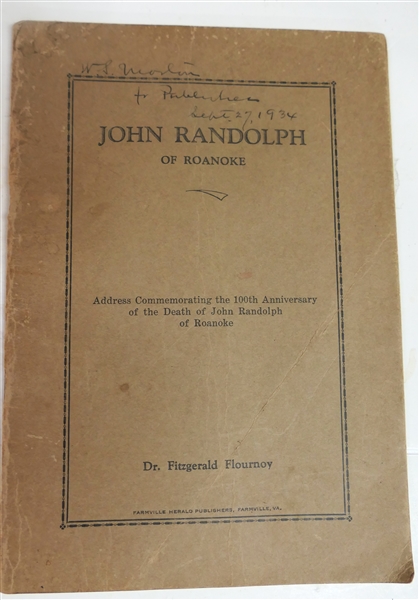 "John Randolph of Roanoke" Address Commemorating the 100th Anniversary of the Death of John Randolph of Roanoke - Dr. Fitzgerald Flournoy -  Paperbound