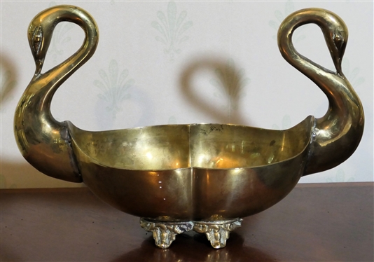 Fine Brass Double Swan Footed Bowl - Measures 9" tall 13" by 6"