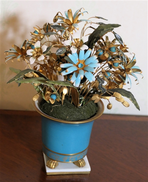 Italian Porcelain Vase with Arrangement of Metal Enamel Flowers - Overall Measures 9 1/2" Tall 