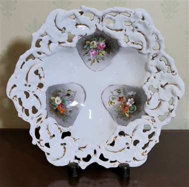 Hand Painted Porcelain Bowl with Open Lace Trim -Hand Painted Flowers - Bowl Measures 3" Tall 13" Across