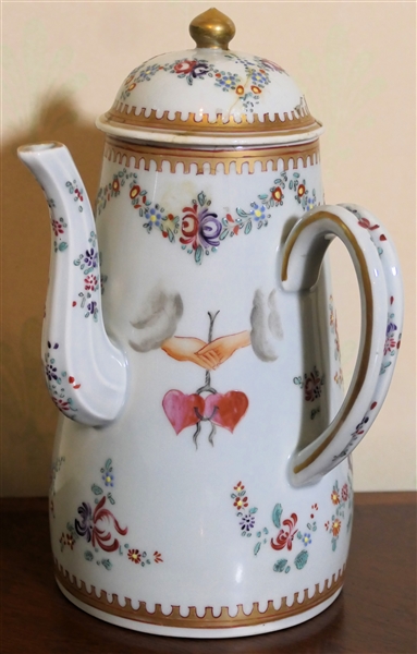 Early 19th Century Chinese Export Lighthouse Shaped Tea Pot - Hand painted Trumpeting Cherubs, Clasping Hands,  Florals, and Monogram - Chinese Mark on Bottom - Measures 9" Tall - Lid Has Hairline...