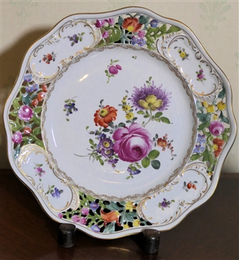 2 Beautiful Hand Painted Italian Porcelain Floral Plates - Pierced Edge - Original Sticker on Bottom -Plate Measures 10" Across - 1 Not Pictured 