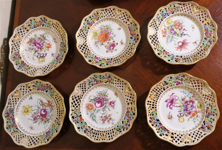 6 - Beautiful Meissen Pierced Porcelain Plates - 6 Different Hand Painted Floral Scenes - Gold Trim - Each Plate Measures 8 1/4" 