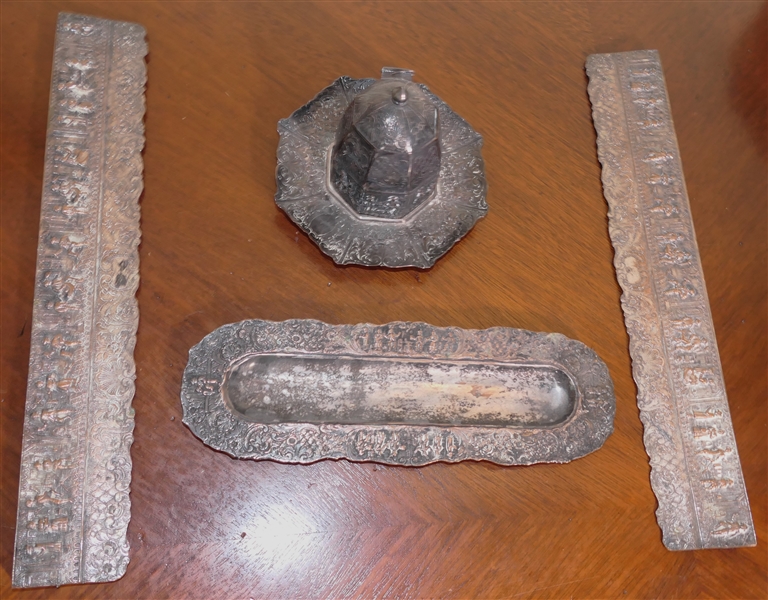 Nice Embossed Dresser Set - Ink Well, Pen Tray, and Blotter Frame - Hallmarked on Bottom - Ink Well Measures 4" Tall 