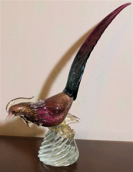 Large Murano Italian Art Glass Pheasant - Beautiful Gold Flecked Body and Tail on Swirled Base - Measures 15 1/2" Tall 8" Across