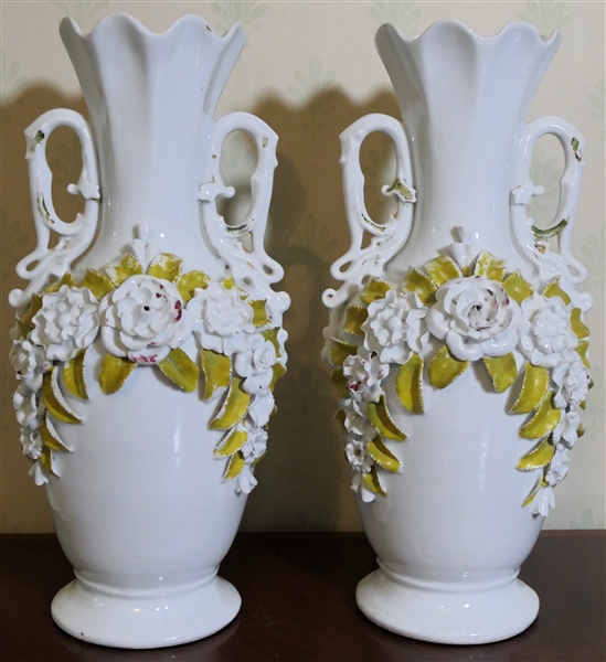 Pair of Antique Old Paris Porcelain Mantle Vases - White with Gold Trim and Applied Floral Sprays -Scalloped Tops with Double Handles -  Each Vase Measures 16 1/4" Tall 