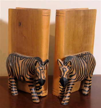 Pair of Wood Carved Zebra Bookends - Book and Zebra Hand Carved From Single Piece of Wood - each Measures 8" tall 4" Deep