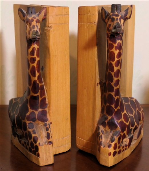 Pair of Wood Carved Giraffe Bookends - Book and Giraffe Hand Carved From Single Piece of Wood - Each Measures 8" Tall 4" Deep 