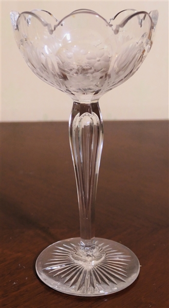 Fine Cut and Etched Compote - Different Flowers on Each Panel - Compote Measures 8 3/4" Tall 4 1/2" Across