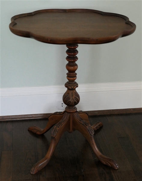 Mahogany Chippendale Style Tea Table with Claw Feet - Carved Pedestal - Table Top Has Scalloped Edges - Table Measures 26" Tall 22" Across