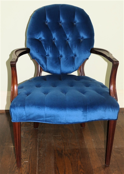 Blue Velvet Button Tufted Mahogany Arm Chair - Measures 36" tall 25" Wide