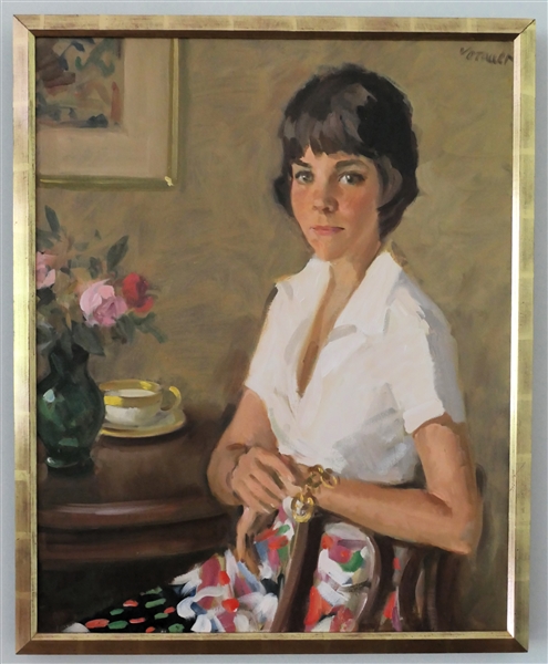 Beautiful Framed Oil on Canvas Portrait of Beautiful Young Lady by Votallen - Artist Signed - Frame Measures 31" by 25 1/2" 