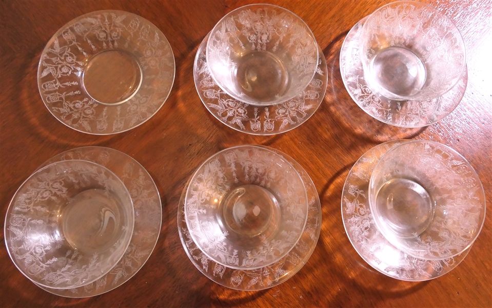 11 Pieces of Elegant Etched Glass - Plates Measure 6 1/8" Bowls Measure 4 3/4" 