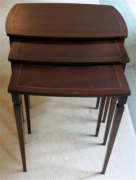 Set of 3 Mahogany Nesting Tables - Nice String Inlaid Tops - Tapered Legs - Largest Table Measures 23 1/2" tall 23 1/2" by 16" 