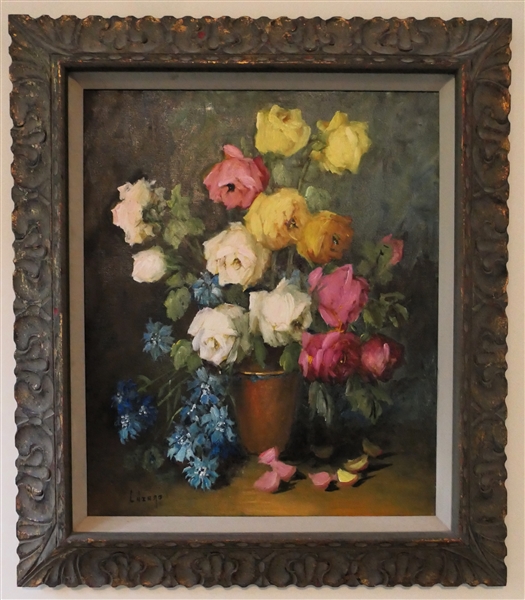 Lazaro Artist Signed Oil on Canvas Still Life - Urn of Flowers - Ornately Floral Carved  Frame - Frame Measures 32" by 28" 