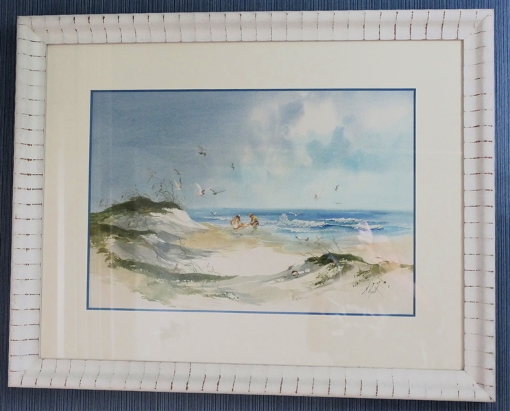 M. Wyatt - Watercolor Painting of a Beach Scene - Georgia Artist - Nicely Framed and Matted - Frame Measures 24" by 30"