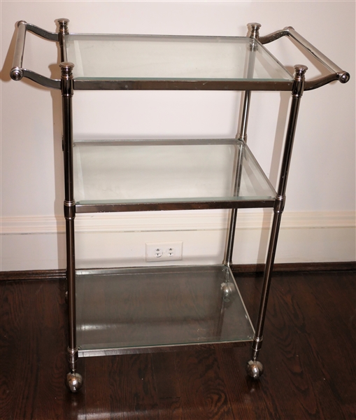 Chrome and Beveled Glass 3 Tier Bar Cart - Good Rolling Wheels - Cart Measures 31 1/2" Tall 25 1/2" by 13 1/2" - Not including Handles 