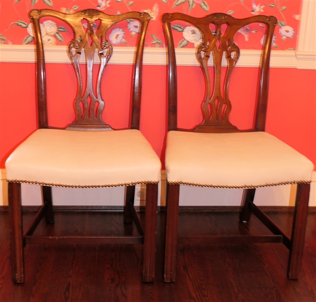 Pair of Ribbonback Chippendale Style Mahogany Side Chairs - Cream Leather Seats - Nailhead Trim 